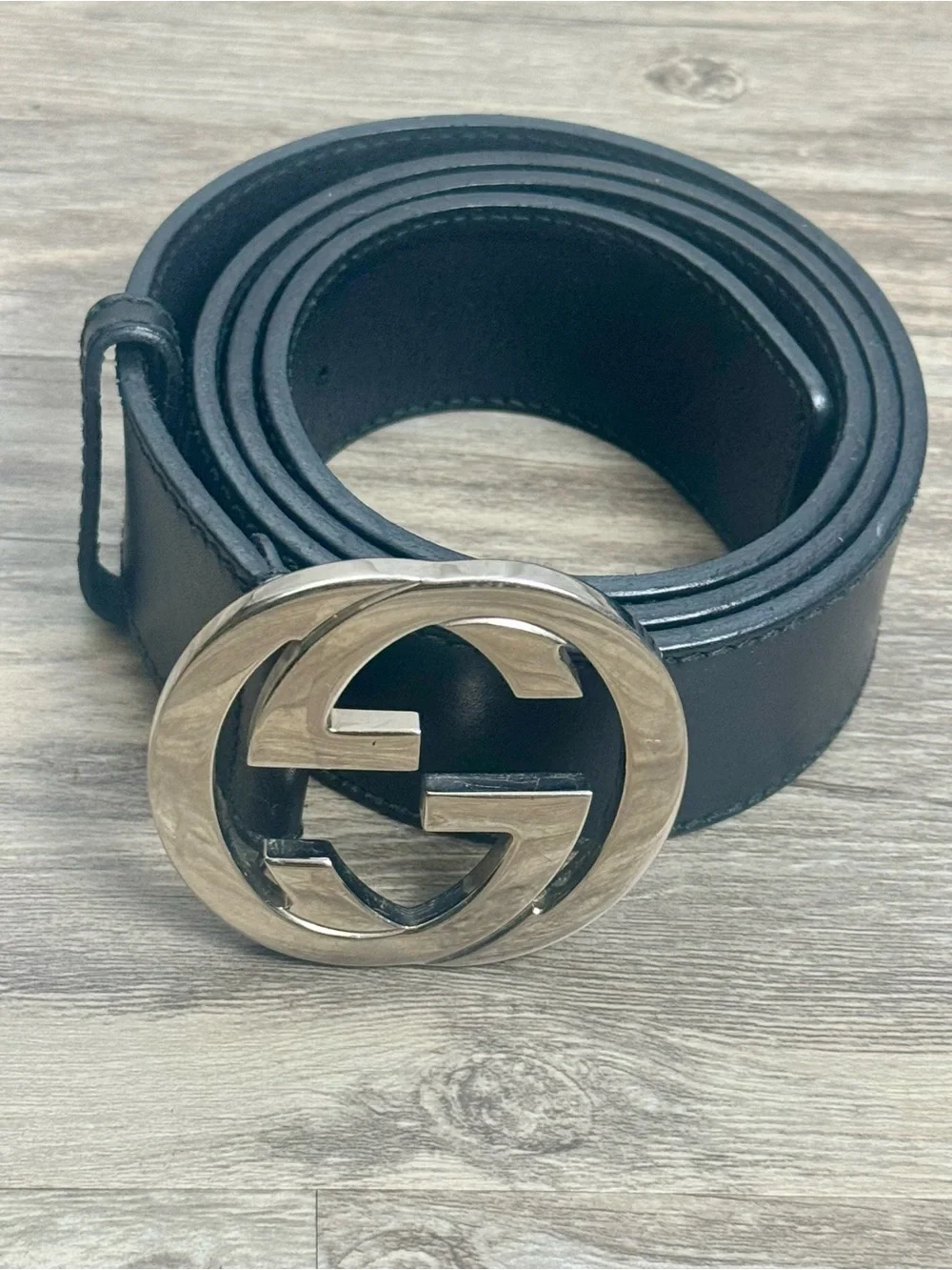 Gucci Interlocking G Black Leather Belt Silver Buckle Size 95/38